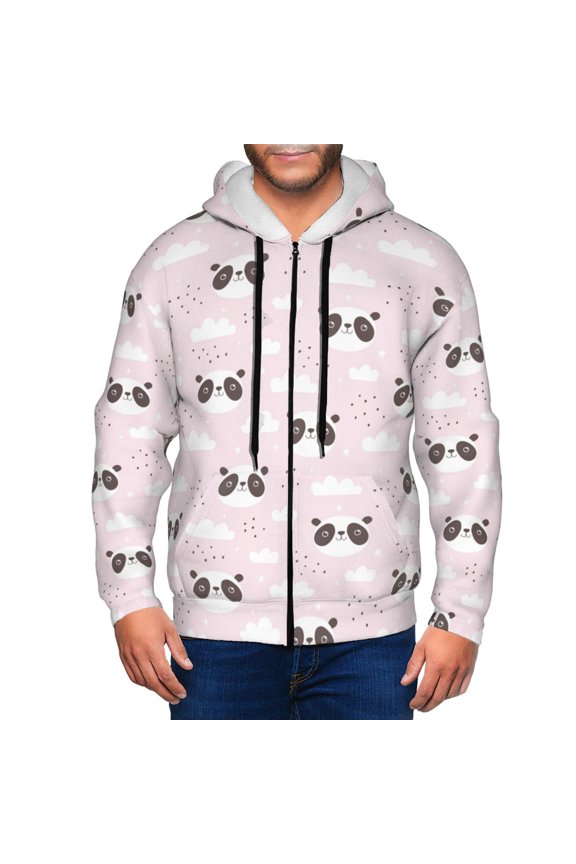 Cute Panda Print Men Hoodies Casual Hoodies for Men with Zip Pockets Full Zip Long Sleeve Sweatshirt Sports Hooded Jacket-Small
