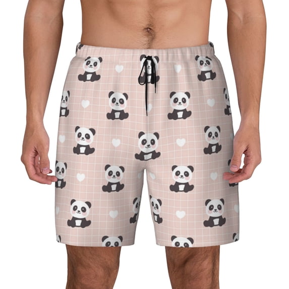 Kdxio Cute Panda Print Men's Swim Trunks with Compression Liner 7 Inch Inseam Quick Dry Swim Shorts