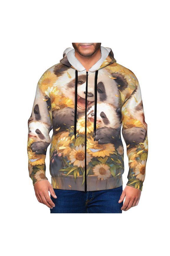 Cute Panda Sunflower Print Men Hoodies Casual Hoodies for Men with Zip Pockets Full Zip Long Sleeve Sweatshirt Sports Hooded Jacket-Small