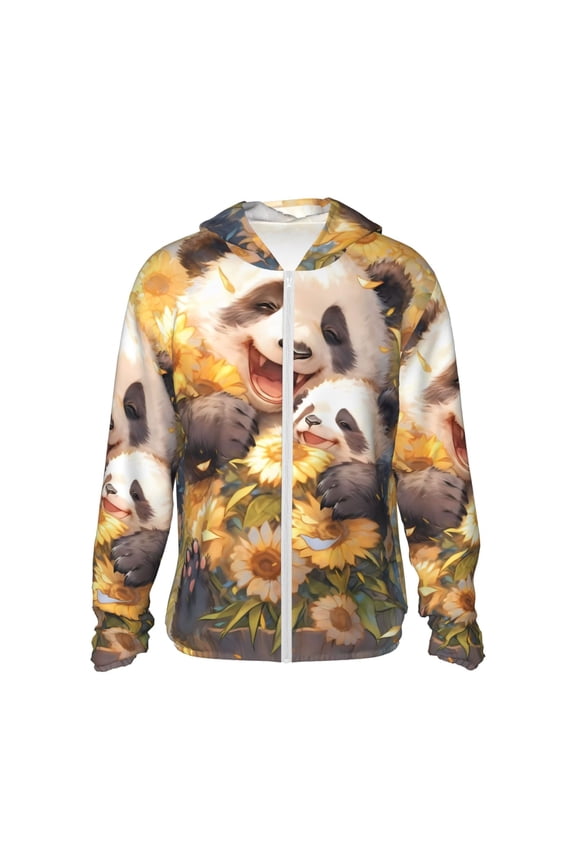 Cute Panda Sunflower Print Women Men Sun Protection UPF 50+ Jackets Zip Up Long Sleeve Hoodie Hiking Lightweight with Pockets