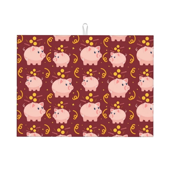 Kdxio Cute Pig with Coins for Dish Drying Mat,24*18 inch Absorbent Dish Drainer Kitchen Counter,Large Size Dish Drying Pad for Countertops,Draining Racks