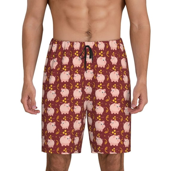Kdxio Cute Pig with Coins Print Mens Sleep Shorts Bottoms Soft Comfy Pajama Wear Pants with Drawstring Pockets