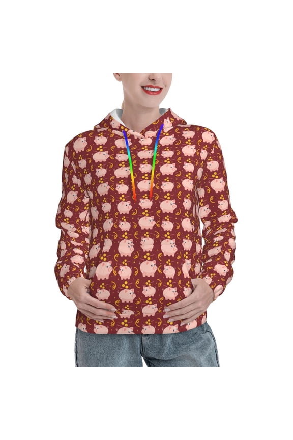 Cute Pig with Coins Print Womens Oversized Hoodies Sweatshirts Hooded Pullover Tops Sweaters Casual-Medium