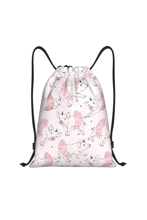 Cute Piggy Ballerina Print Drawstring Backpack Bag,Waterproof Draw String Back Sack, Gym Drawstring Bags Swim Bag For Unisex