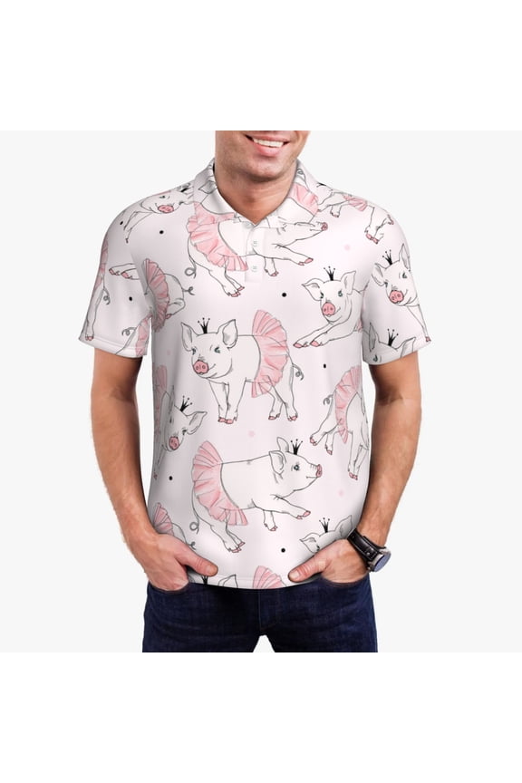 Cute Piggy Ballerina Print Men's Short Sleeve Polo Shirt,Midweight Men's Shirt