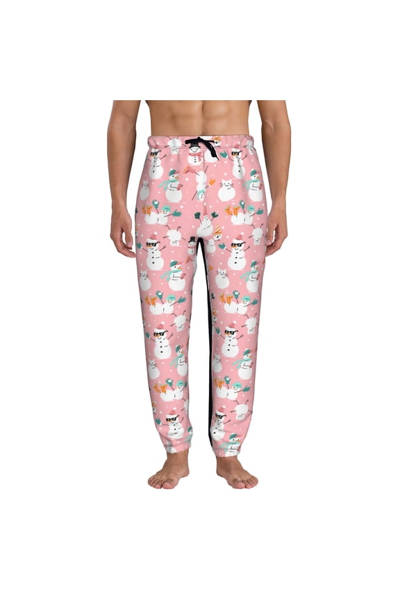 Cute Pink Snowman Cat Pattern Joggers,Sweatpants for Men with Pockets-Medium