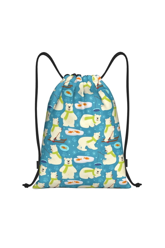 Cute Polar Bear Fishing Print Drawstring Backpack Bag,Waterproof Draw String Back Sack, Gym Drawstring Bags Swim Bag For Unisex
