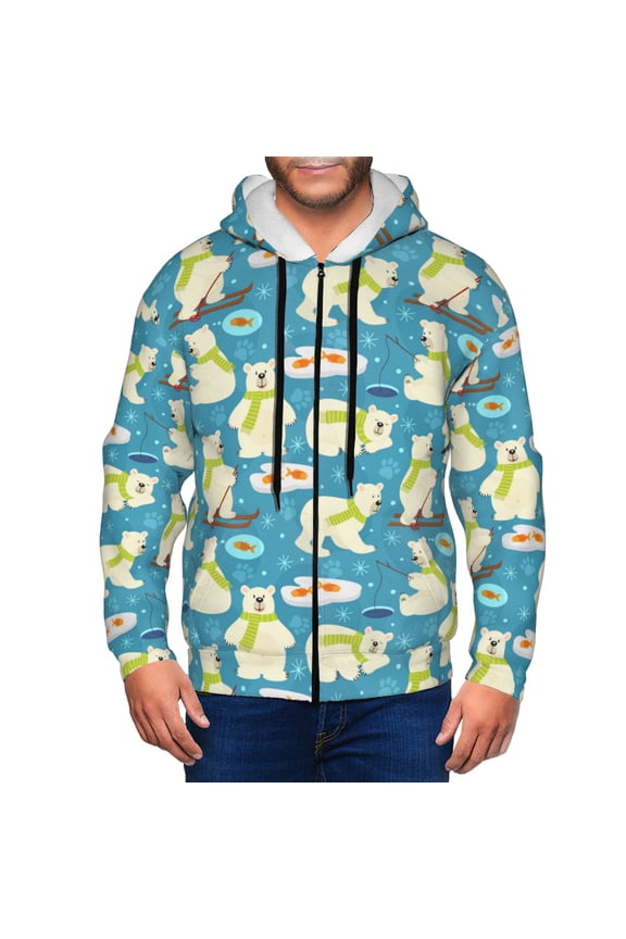 Cute Polar Bear Fishing Print Men Hoodies Casual Hoodies for Men with Zip Pockets Full Zip Long Sleeve Sweatshirt Sports Hooded Jacket-Small