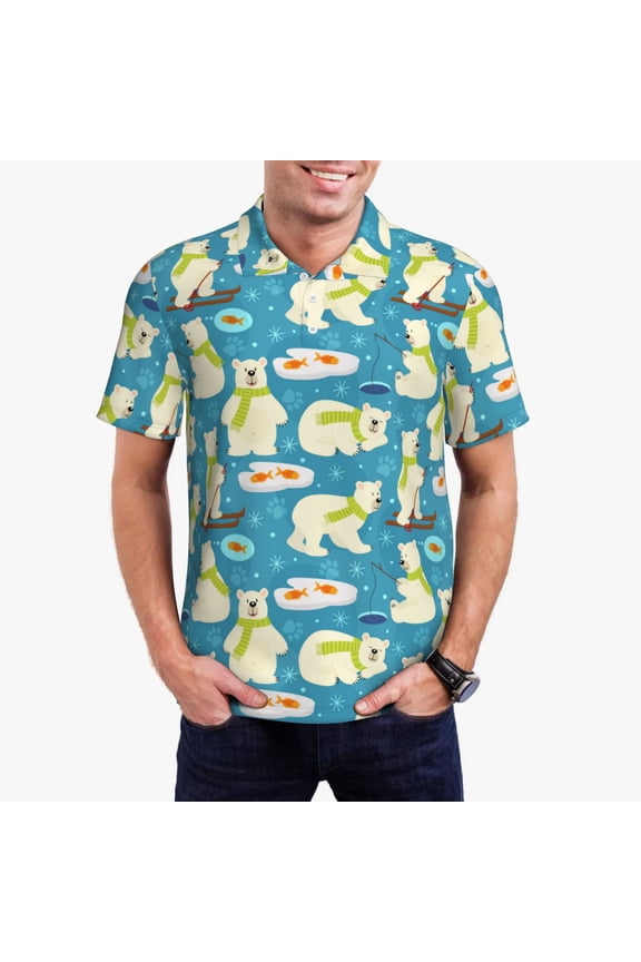 Cute Polar Bear Fishing Print Men's Short Sleeve Polo Shirt,Midweight Men's Shirt-Medium