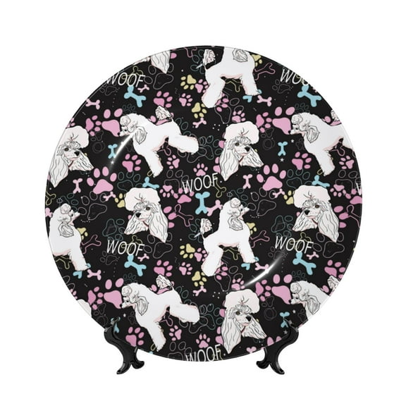 Kdxio Cute Poodle Dog Bone China Decorative Plate Ceramic Decorative Plate for Home Office Wall Stand Decorative Plates for Home Bedroom-7in