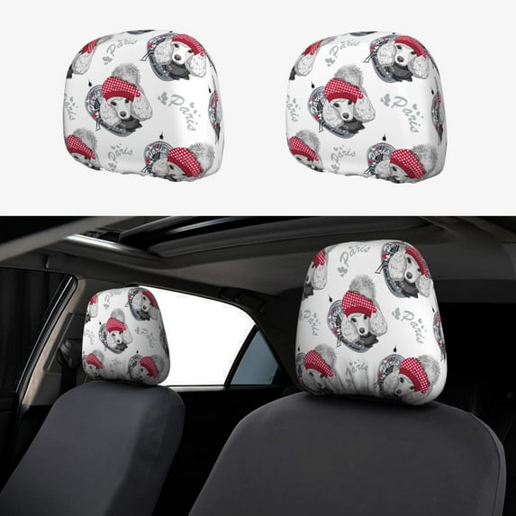 Kdxio Cute Poodle Dog Pattern Print 2 Piece Car Head Rest Covers Set Auto Front/Rear Seats Headrest Cover Universal Fit Most Cars,Sedan, SUV