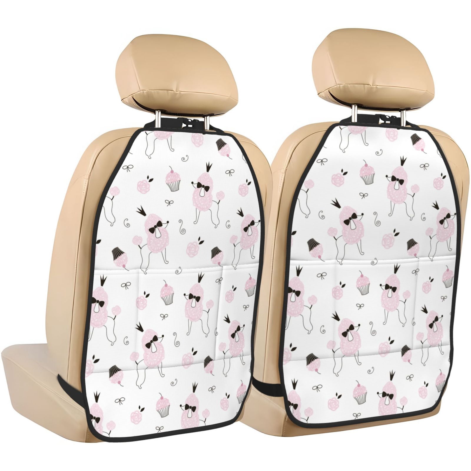 Kdxio Cute Poodle Dog Print 2 Pack Car Kick Mat Seat Cover Back Protector Mat with Pockets for Organizer Backseat Protector and Storage Anti Kick Pad for Vehicles