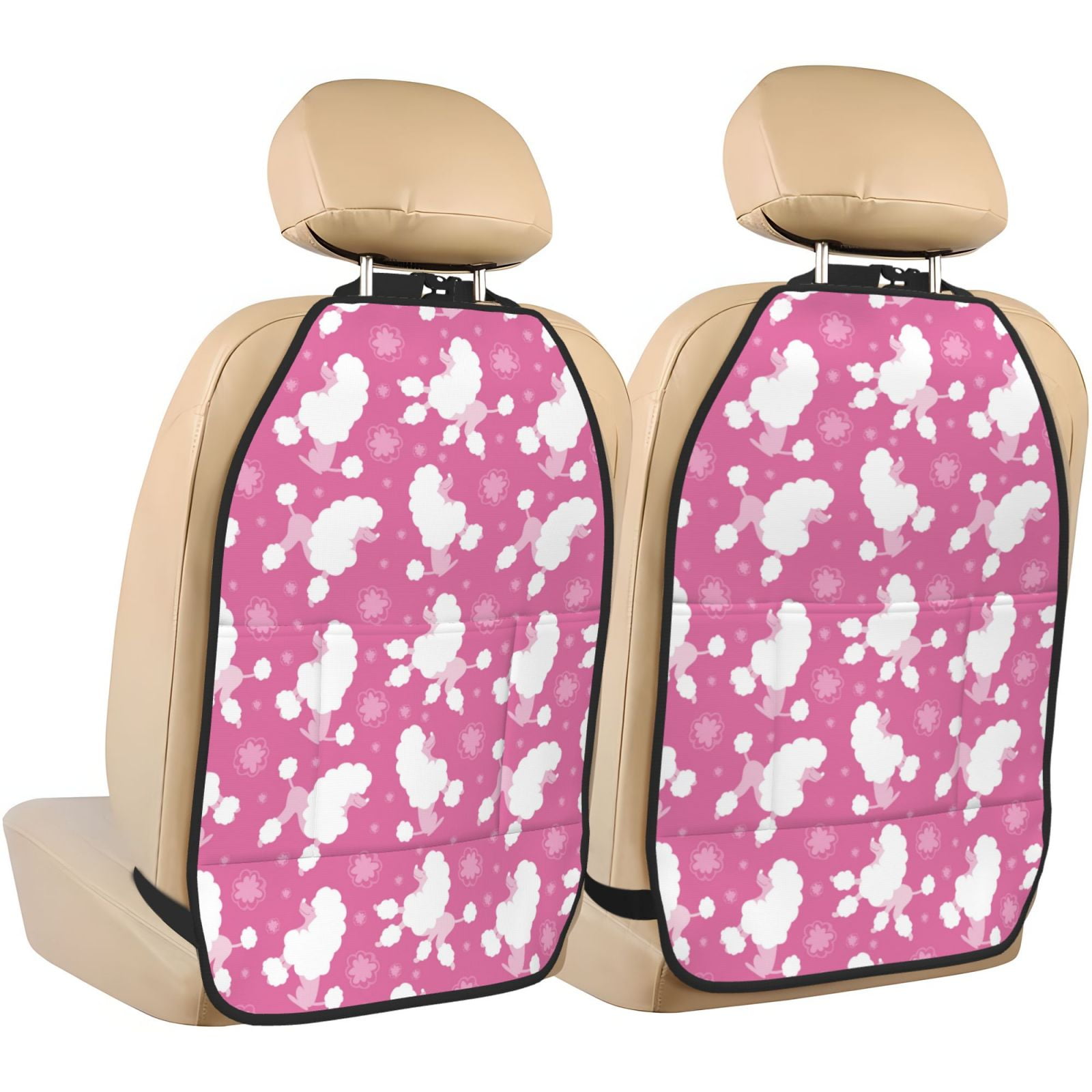 Kdxio Cute Poodle Dog Print 2 Pack Car Kick Mat Seat Cover Back Protector Mat with Pockets for Organizer Backseat Protector and Storage Anti Kick Pad for Vehicles