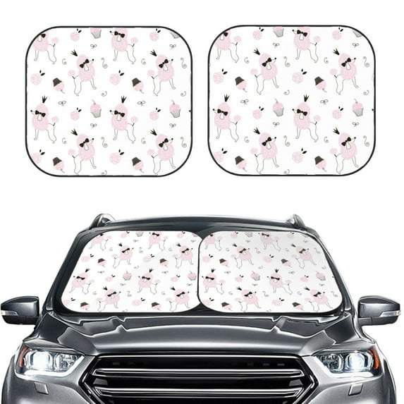 Kdxio Cute Poodle Dog Print 2-Piece Sun Shade Front Windshield - Foldable Car Front Window Sunshades for Most Sedans SUV Truck