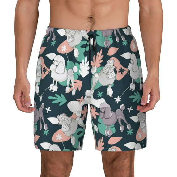 Kdxio Cute Poodle Dog Print Men's Swim Trunks with Compression Liner 7 Inch Inseam Quick Dry Swim Shorts