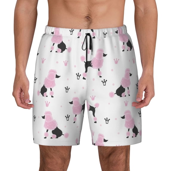 Kdxio Cute Poodle Dog Print Men's Swim Trunks with Compression Liner 7 Inch Inseam Quick Dry Swim Shorts