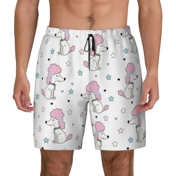Kdxio Cute Poodle Dog Print Men's Swim Trunks with Compression Liner 7 Inch Inseam Quick Dry Swim Shorts