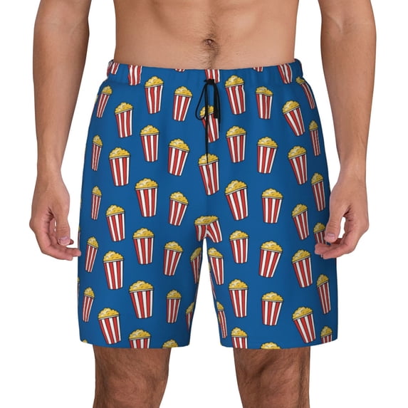 Kdxio Cute Popcorn Print Men's Swim Trunks with Compression Liner 7 Inch Inseam Quick Dry Swim Shorts