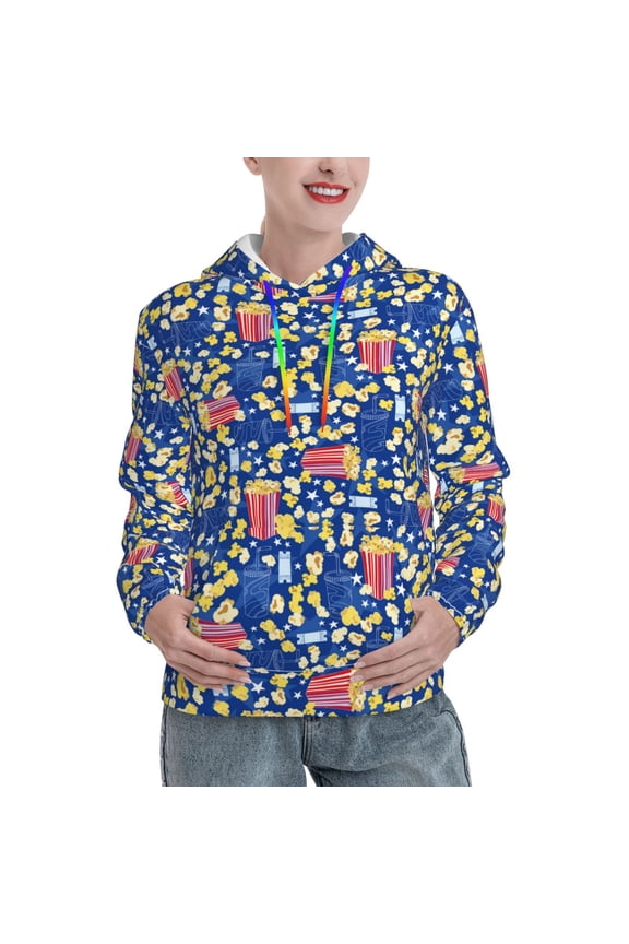 Cute Popcorn Print Womens Oversized Hoodies Sweatshirts Hooded Pullover Tops Sweaters Casual-Medium