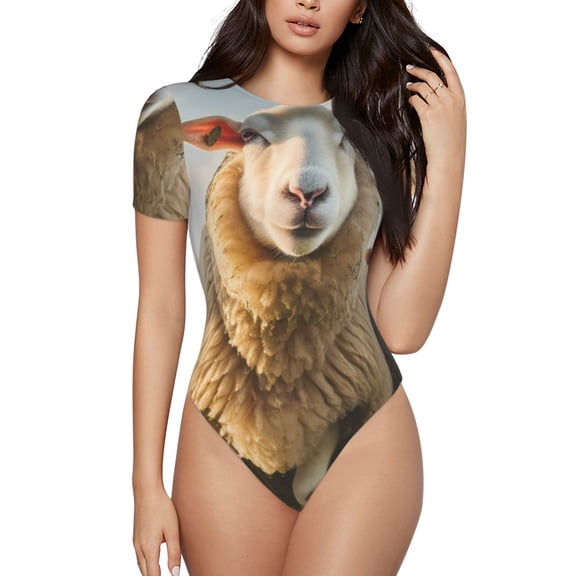 Kdxio Cute Prairie Sheep Herd for Women's Short-Sleeved Onesie Stylish Round Neck Pajamas Bodysuit Jumpsuit Nightwear-Medium