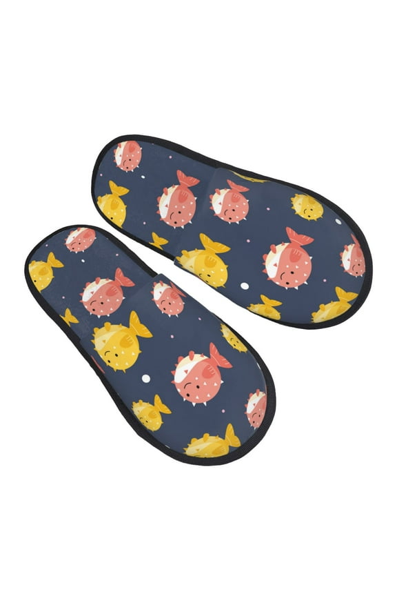 Cute Puffer Fish Pattern Slippers for Women Memory Foam Fuzzy House Slippers Bedroom Non-slip Warm Womens Slippers