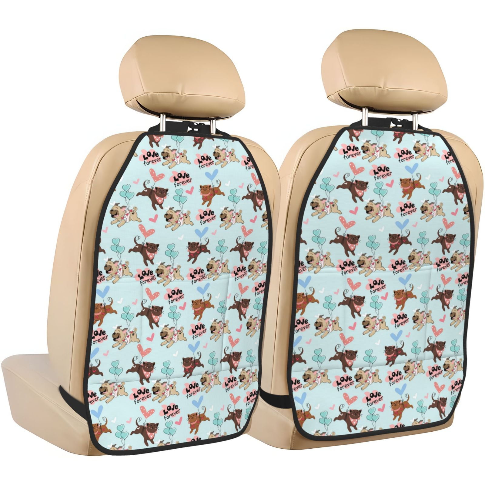 Kdxio Cute Pug Dogs Print 2 Pack Car Kick Mat Seat Cover Back Protector Mat with Pockets for Organizer Backseat Protector and Storage Anti Kick Pad for Vehicles