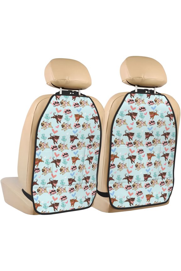 Cute Pug Dogs Print 2 Pack Car Kick Mat Seat Cover Back Protector Mat with Pockets for Organizer Backseat Protector and Storage Anti Kick Pad for Vehicles