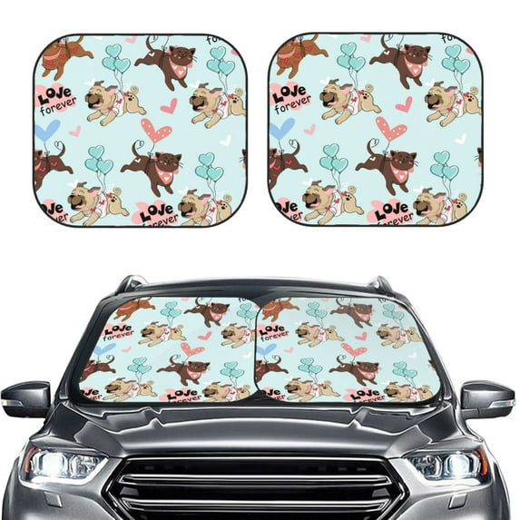 Kdxio Cute Pug Dogs Print 2-Piece Sun Shade Front Windshield - Foldable Car Front Window Sunshades For Most Sedans Suv Truck