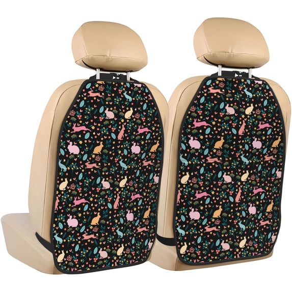 Kdxio Cute Rabbit And Flower Print 2 Pack Car Kick Mat Seat Cover Back Protector Mat with Pockets for Organizer Backseat Protector and Storage Anti Kick Pad for Vehicles