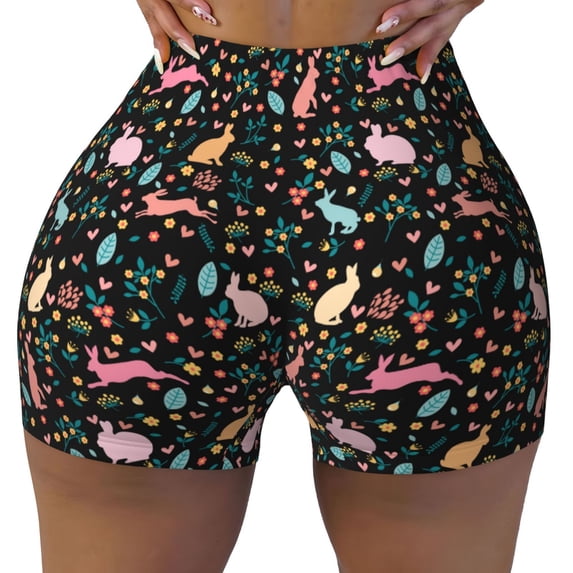 Kdxio Cute Rabbit And Flower Print Workout Shorts for Women Seamless Soft Smooth Gym Yoga Scrunch Active Shorts