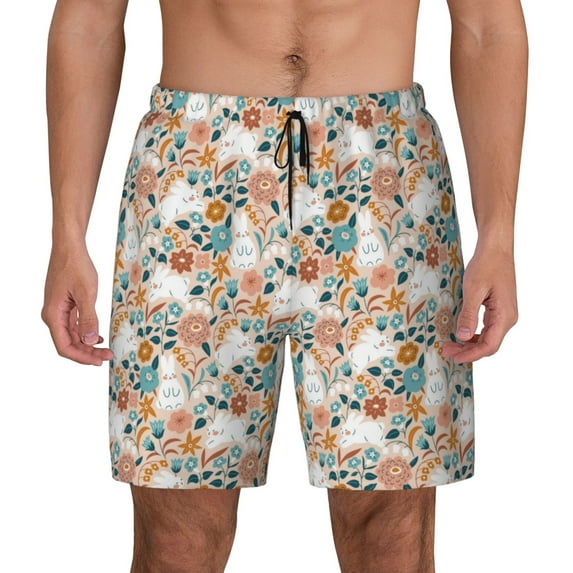 Kdxio Cute Rabbit Floral Print Men's Swim Trunks with Compression Liner 7 Inch Inseam Quick Dry Swim Shorts