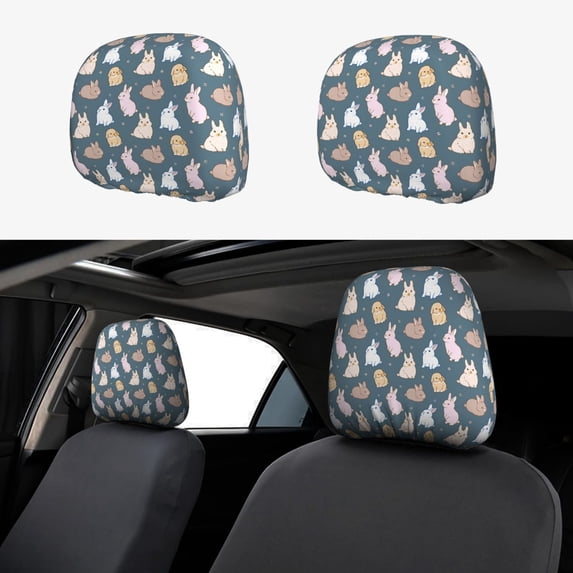 Kdxio Cute Rabbit Pattern Print 2 Piece Car Head Rest Covers Set Auto Front/Rear Seats Headrest Cover Universal Fit Most Cars,Sedan, SUV