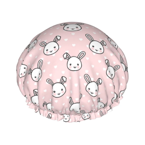 Kdxio Cute Rabbit Print Shower Cap for Women,Elastic and Reusable,Double Waterproof Layers Bathing Hat