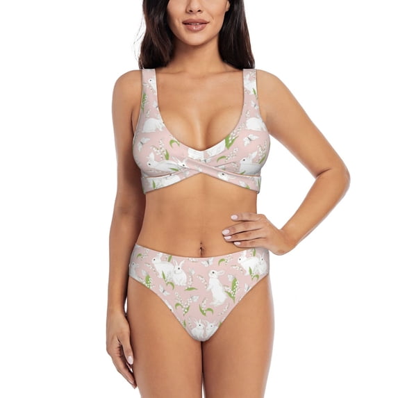 Kdxio Cute Rabbit Print Women's 2 Piece High Waisted Wrap Spaghetti Strap Summer Swimsuit Bikini Set-