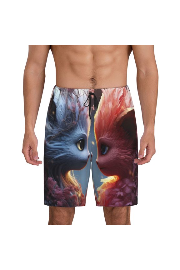 Cute Red And White Elf Print Mens Sleep Shorts Bottoms Soft Comfy Pajama Wear Pants with Drawstring Pockets