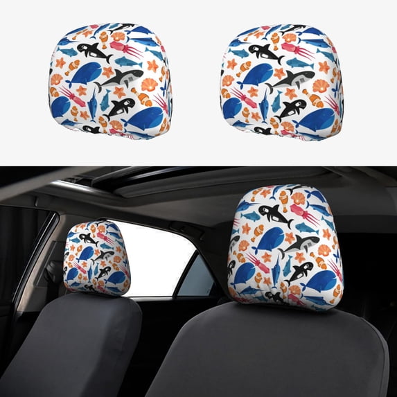 Kdxio Cute Sea Animals Pattern Print 2 Piece Car Head Rest Covers Set Auto Front/Rear Seats Headrest Cover Universal Fit Most Cars,Sedan, SUV