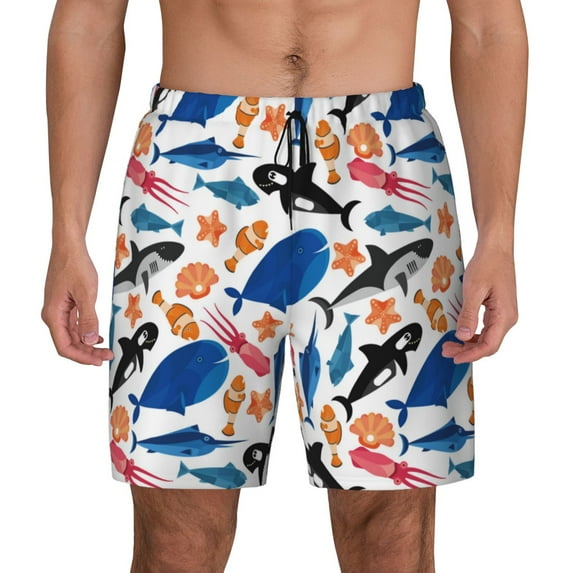Kdxio Cute Sea Animals Print Men's Swim Trunks with Compression Liner 7 Inch Inseam Quick Dry Swim Shorts
