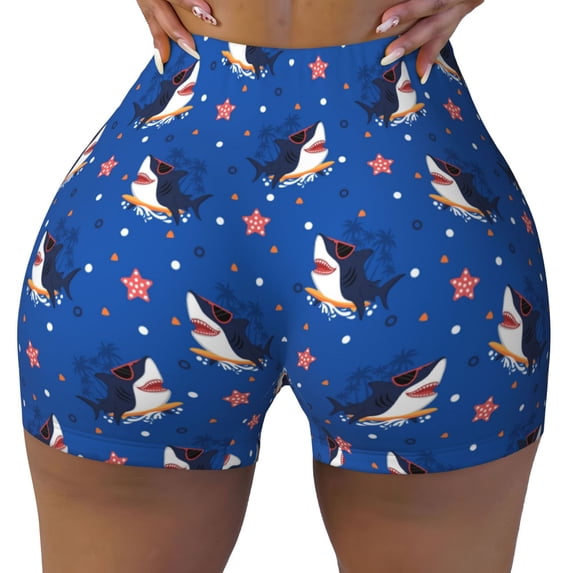 Kdxio Cute Shark Cartoon Print Workout Shorts for Women Seamless Soft Smooth Gym Yoga Scrunch Active Shorts