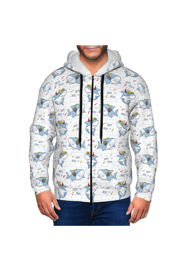 Cute Shark Print Men Hoodies Casual Hoodies for Men with Zip Pockets Full Zip Long Sleeve Sweatshirt Sports Hooded Jacket-Small