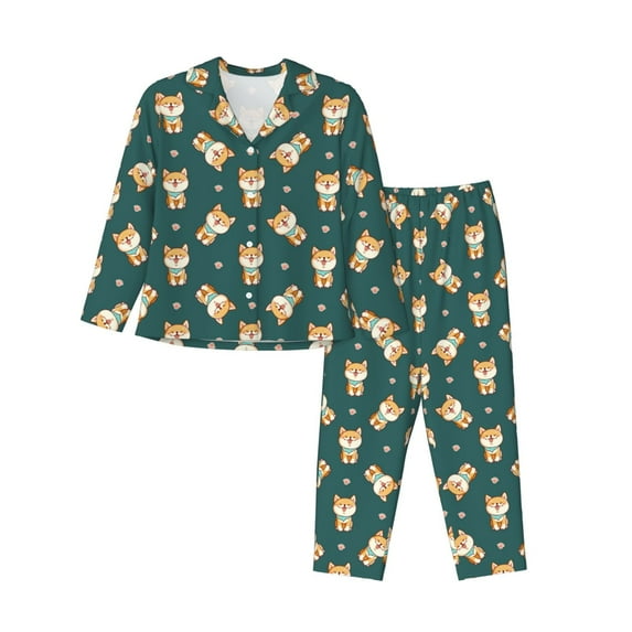 Kdxio Cute Shiba Women's Pajama Sets Long Sleeve Button Down Sleepwear Nightwear Soft Pjs Lounge Sets-X-Large