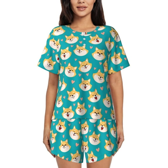 Kdxio Cute Shiba1 Print Pajamas Sets for Women Short-Sleeved Pjs with Lounge Shorts Two Piece Sleepwear S-4XL