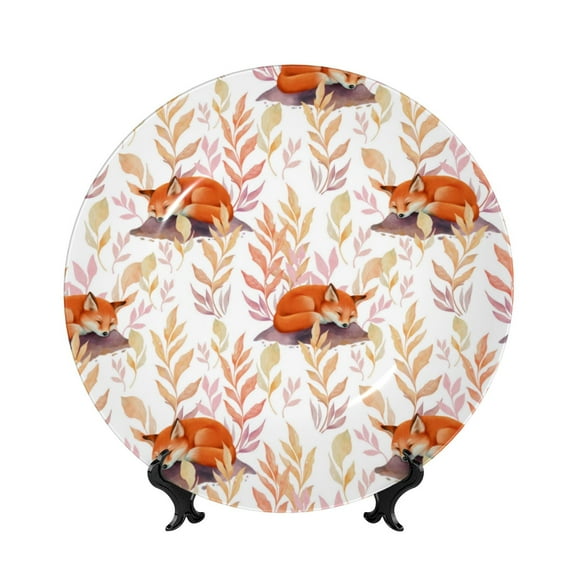 Kdxio Cute Sleepy Fox Bone China Decorative Plate Ceramic Decorative Plate for Home Office Wall Stand Decorative Plates for Home Bedroom-7in