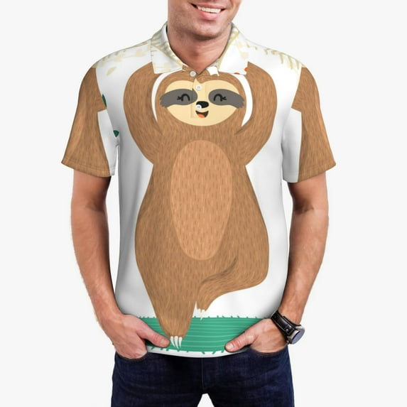 Kdxio Cute Sloth In Yoga Pose Tree Print Men's Short Sleeve Polo Shirt,Midweight Men's Shirt