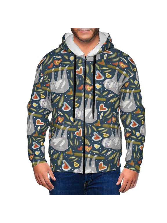 Cute Sloth Print Men Hoodies Casual Hoodies for Men with Zip Pockets Full Zip Long Sleeve Sweatshirt Sports Hooded Jacket-Small