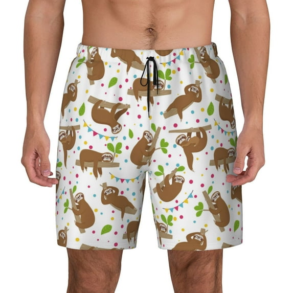 Kdxio Cute Sloth Print Men's Swim Trunks with Compression Liner 7 Inch Inseam Quick Dry Swim Shorts