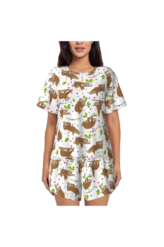 Cute Sloth Print Pajamas Sets for Women Short-Sleeved Pjs with Lounge Shorts Two Piece Sleepwear S-4XL