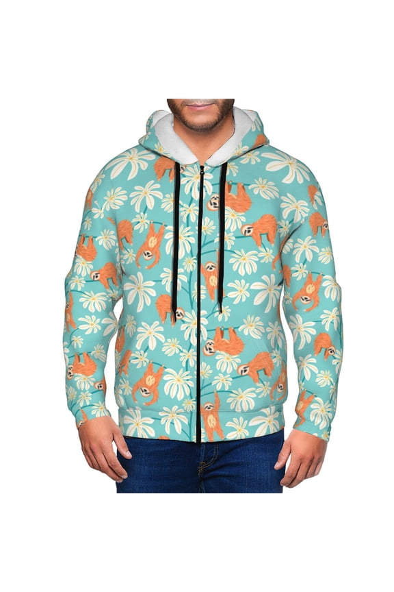 Cute Sloth on Floral Tree Print Men Hoodies Casual Hoodies for Men with Zip Pockets Full Zip Long Sleeve Sweatshirt Sports Hooded Jacket-Small