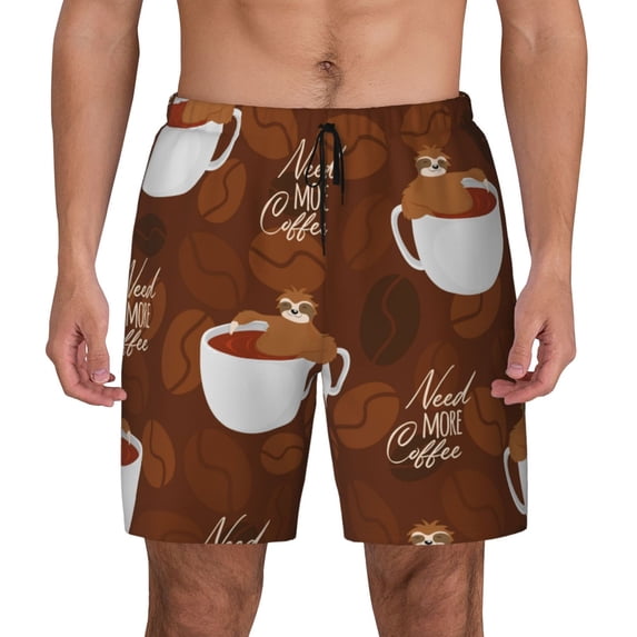 Kdxio Cute Sloths Bear Relaxing In Coffee Cup Print Men'S Swim Trunks With Compression Liner 7 Inch Inseam Quick Dry Swim Shorts