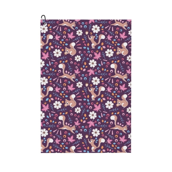 Kdxio Cute Squirrel Floral Pattern Golf Towel (24" X 16") with Carabiner Clip - The Convenient Golf Cleaning Towel