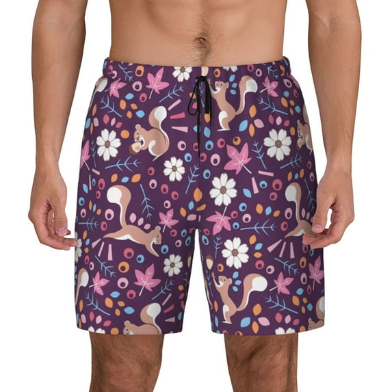 Kdxio Cute Squirrel Floral Print Men's Swim Trunks with Compression Liner 7 Inch Inseam Quick Dry Swim Shorts
